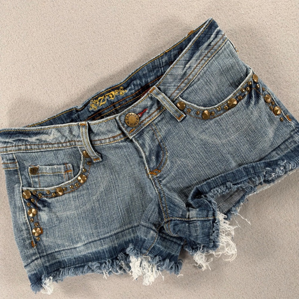 Zana Di Jeans Y2K Denim Shorts Studded Embroidered Frayed Size 3 Blue Low Rise